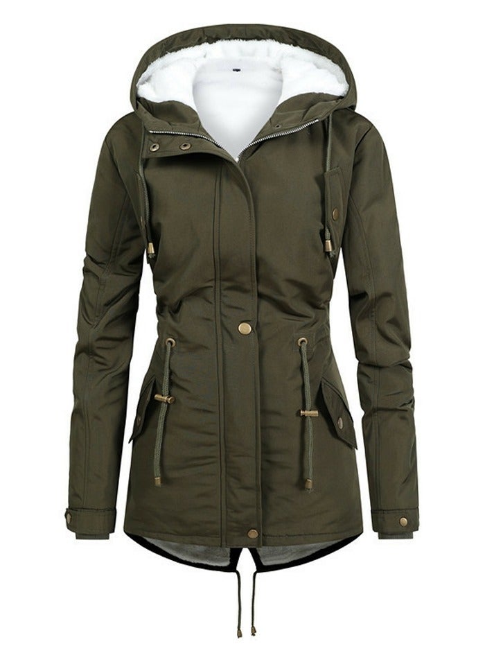Loquat Women's Mid Length Warm Thick Coat Long Sleeve Hooded  Zippered Outer Garment Army Green