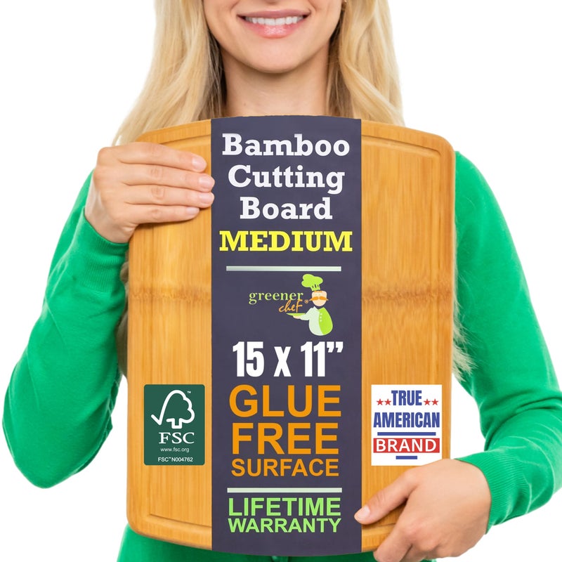Bamboo Cutting Board 15 Inch Wood Cutting Boards for Kitchen with GlueFree Surface Juice Groove NonToxic FSCCertified Durable Wooden Chopping Board