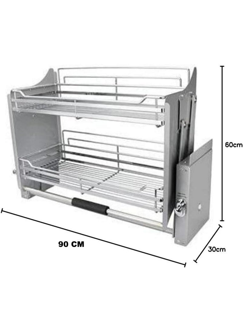 Zeeco Stainless Steel Modular Kitchen Storage Rack Lift Basket Elevator Pull Down Two Tier Shelf Unit For Cabinet Width 90 CM - Image 2