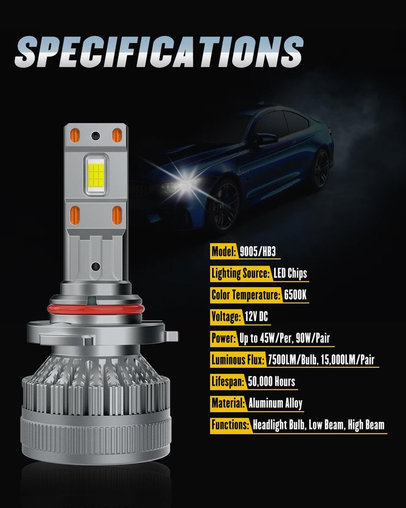 DZG 9005 LED Headlight Bulbs 6500K 45W Super Bright HB3 LED Bulb High Low Beam Halogen Replacement LED Headlights Conversion Kit, 2 Pack - Image 2
