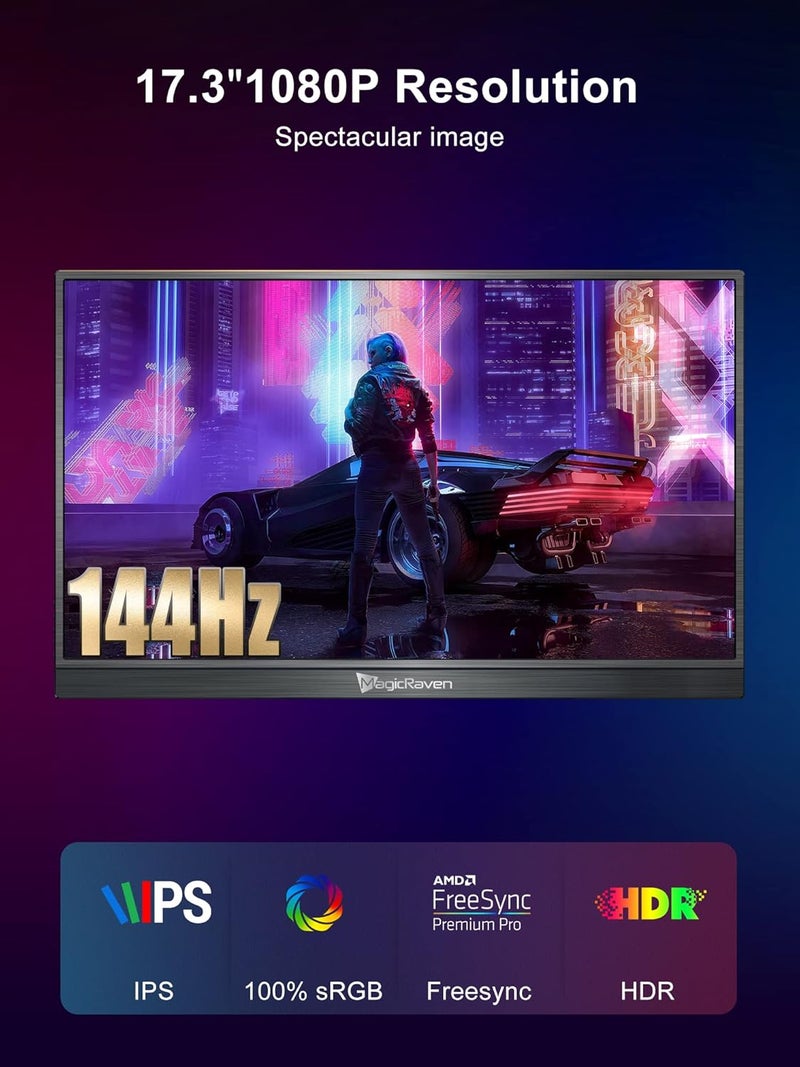 MAGICRAVEN 144HZ Portable Gaming Monitor, 17.3" 1080P Laptop Monitor, Dual USB C HDMI Second Computer Screen, VESA Gaming Display with Speakers, Travel Monitor for PS4/5 Xbox Switch MAC PC Phone - Image 2