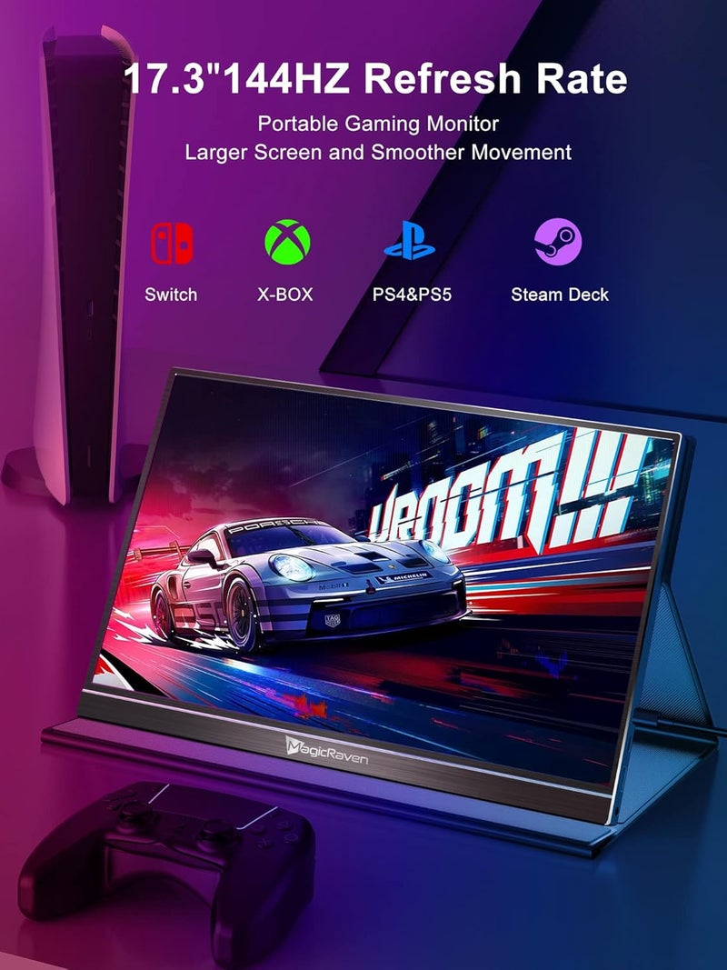 MAGICRAVEN 144HZ Portable Gaming Monitor, 17.3" 1080P Laptop Monitor, Dual USB C HDMI Second Computer Screen, VESA Gaming Display with Speakers, Travel Monitor for PS4/5 Xbox Switch MAC PC Phone - Image 3