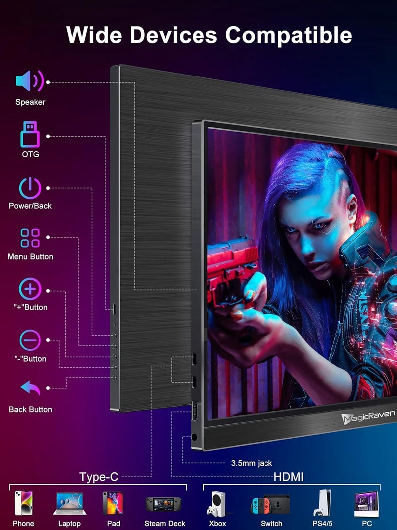 MAGICRAVEN 144HZ Portable Gaming Monitor, 17.3" 1080P Laptop Monitor, Dual USB C HDMI Second Computer Screen, VESA Gaming Display with Speakers, Travel Monitor for PS4/5 Xbox Switch MAC PC Phone - Image 5