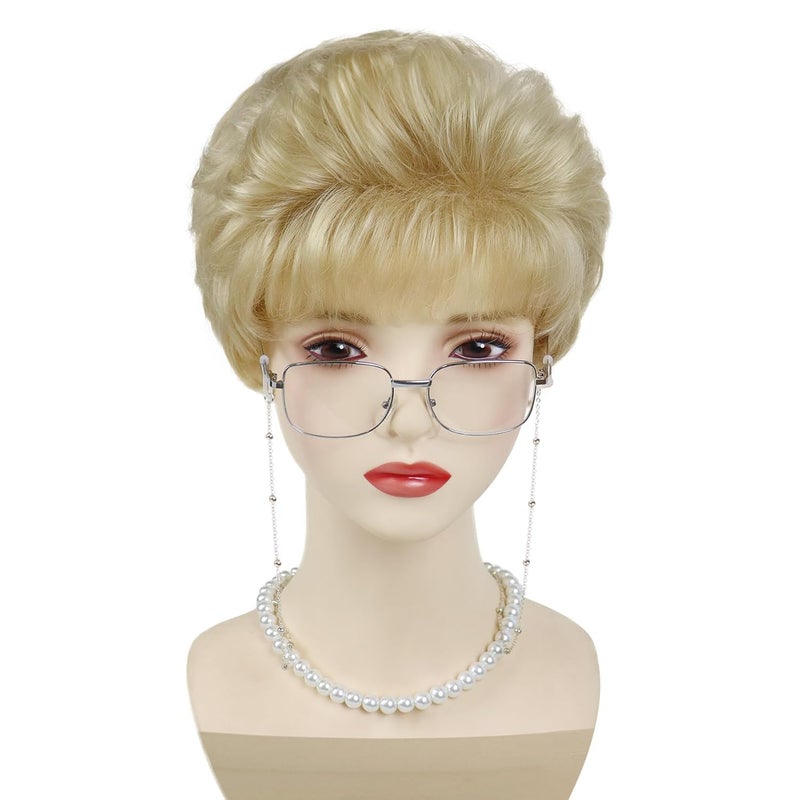 GNIMEGIL Blonde Old Lady Wigs Sets Synthetic Hair Golden s Grandma Wig 100 Days of School Halloween Costume Mommy Granny Outfits White Women Short Curly Wig with GlassesNecklace for Old Lady