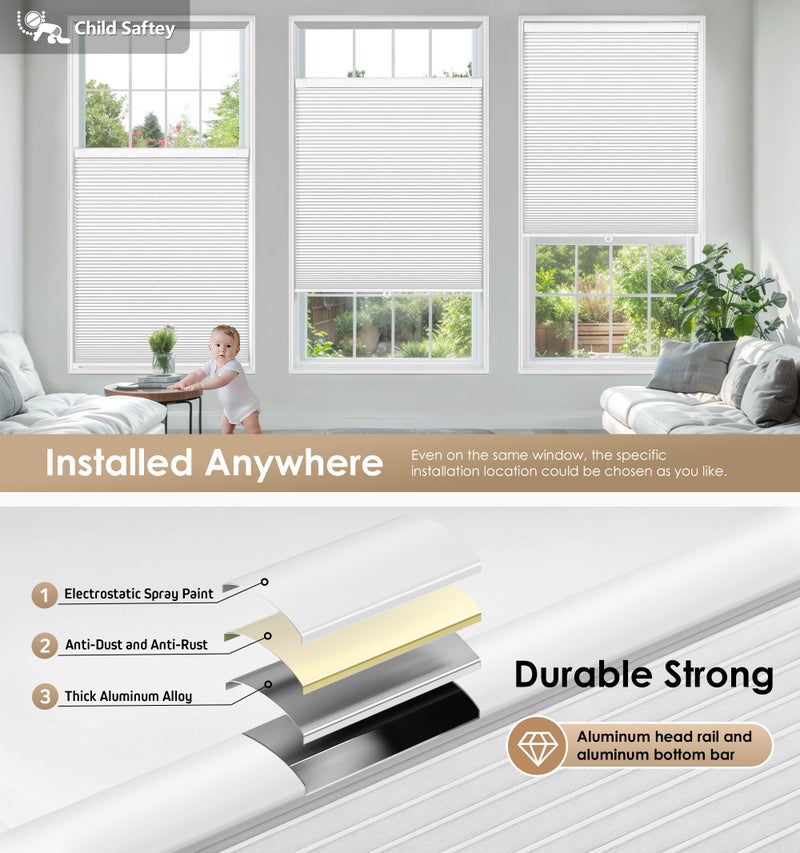 LazBlinds No Tools No Drill Cordless Cellular Shades, Blackout Light Blocking Honeycomb Shades for Home, Thermal Insulation Blinds for Windows, 20" W x 36" H, White - Image 3