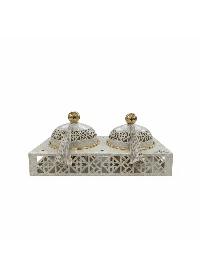 AKDC Cream & Gold Arabesque Candy Bowl with Holder - 2 Pcs Set - 27x15 cm - Image 1
