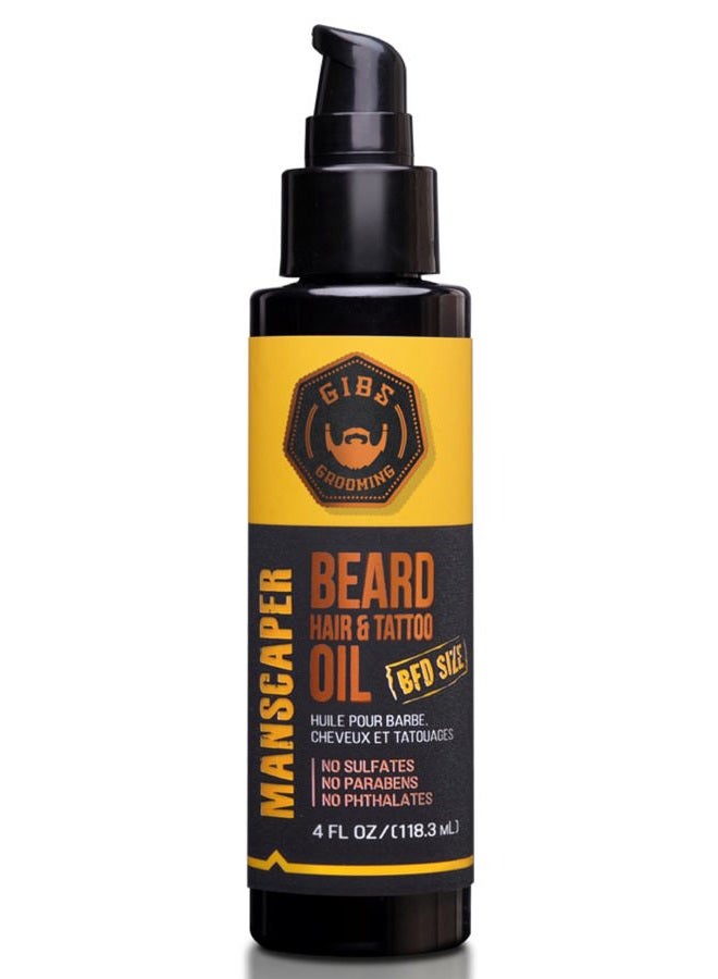 GIBS Grooming Manscaper Beard, Hair & Tattoo Oil – All-Natural with Grapefruit, Tobacco Flower, Saffron & Cedar Scent- Softens & Strengthens Beard Growth, Moisturizes Skin, 4oz. - Image 1