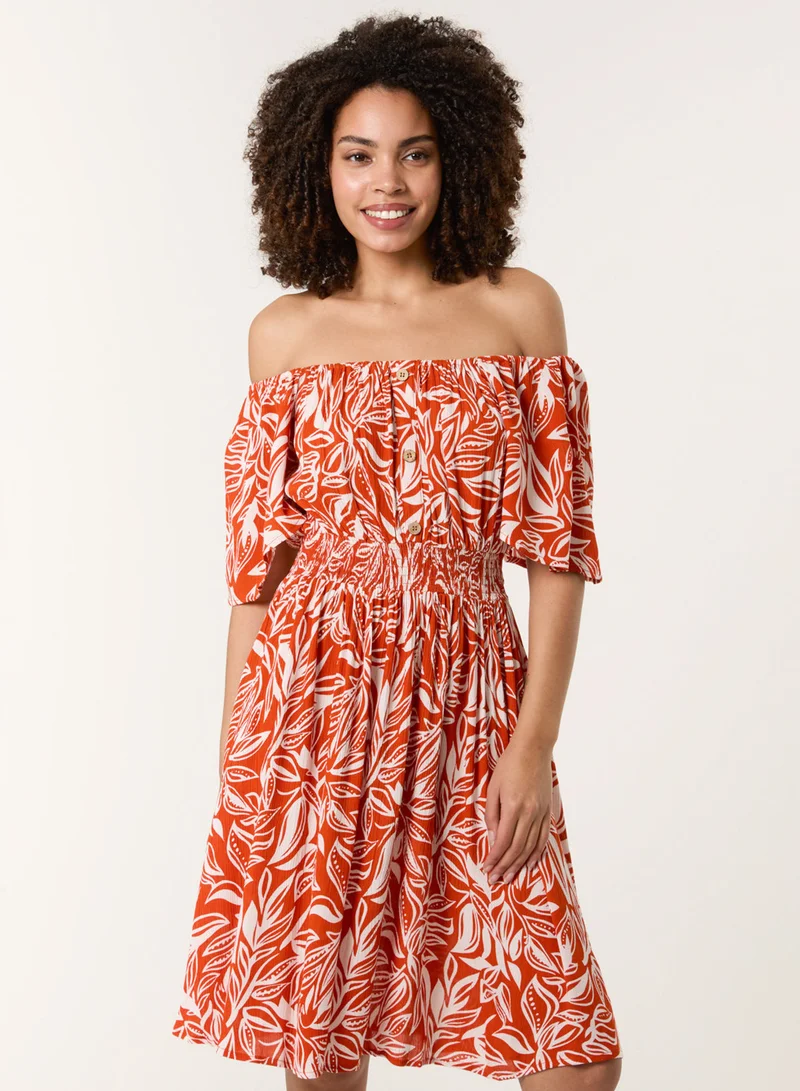 Blue Vanilla Coconut Button Shirred Waist Bardot Dress