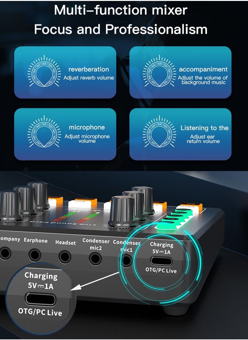 Viden M8 Sound Card Set DSP Chip Twelve Ambient Sounds Four Kinds Of Sound Changes Live Broadcast DJ Mixer Music Recording Guitars TikTok Facebook YouTube USB Bluetooth Black  - Image 5