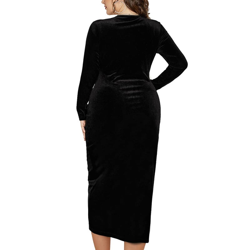 TINSTREE Womens Plus Size Long Sleeve Velvet Bodycon Dresses Sexy Ruched Wrap Deep V Neck Party Cocktail Dress Black - Image 3