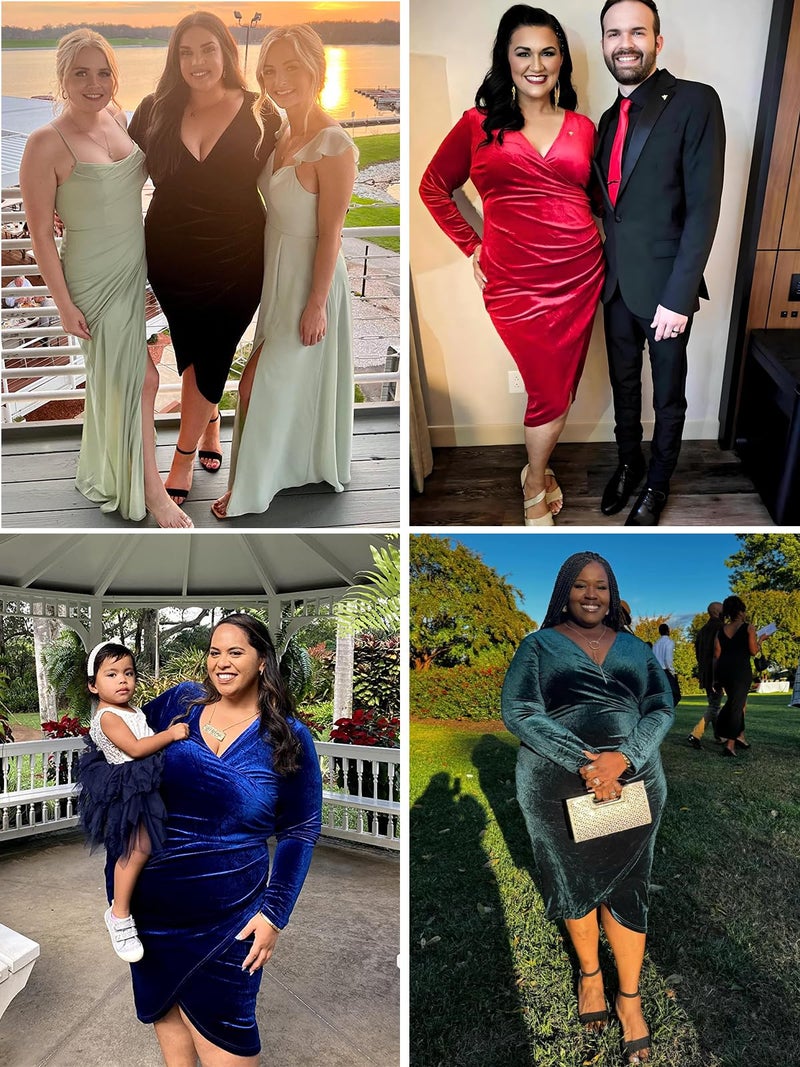 TINSTREE Womens Plus Size Long Sleeve Velvet Bodycon Dresses Sexy Ruched Wrap Deep V Neck Party Cocktail Dress Black - Image 5