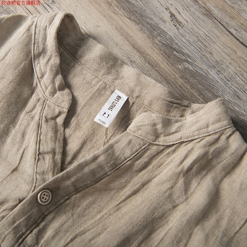 Pure Linen Short-Sleeved T-Shirt Men'S Summer Chinese-Style Loose Thin V-Neck Top Retro Casual Half-Sleeved Linen T-Shirt - Image 4