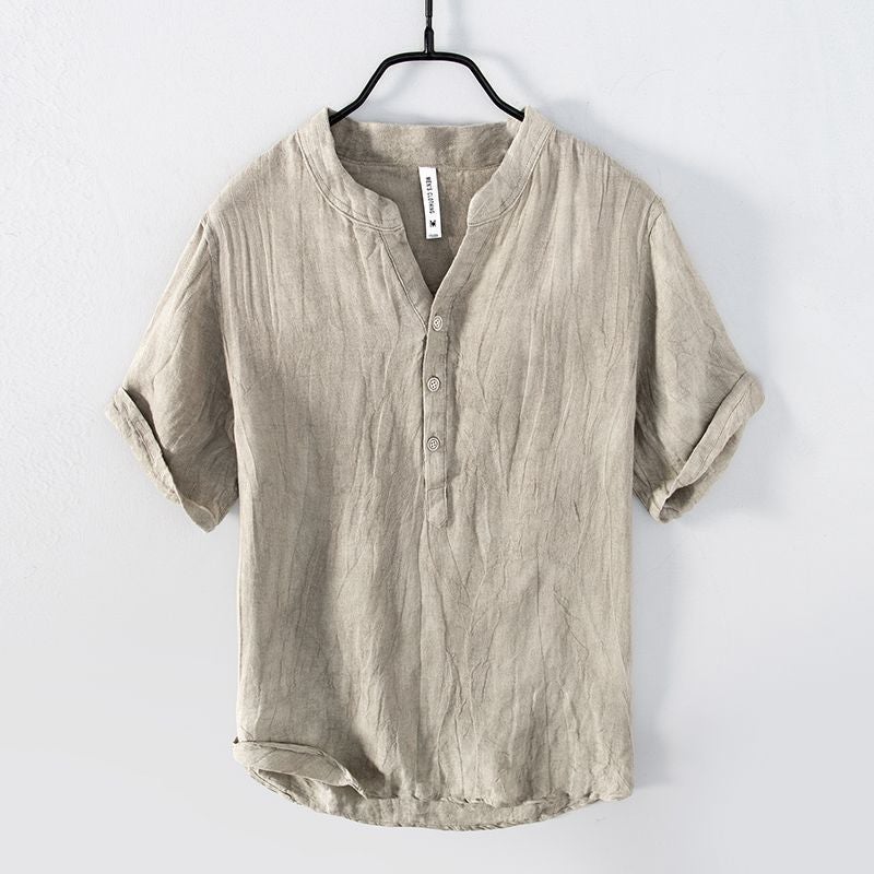 Pure Linen Short-Sleeved T-Shirt Men'S Summer Chinese-Style Loose Thin V-Neck Top Retro Casual Half-Sleeved Linen T-Shirt - Image 1