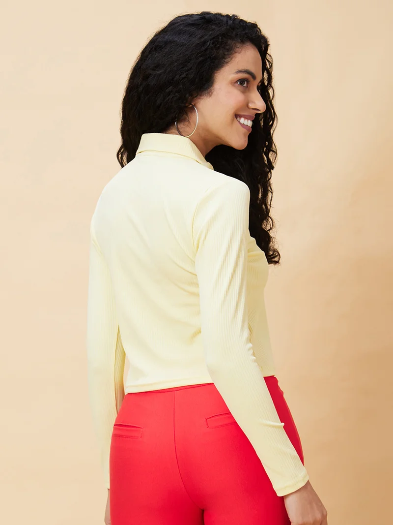 globus Women Yellow Ribbed Shirt Collar Fitted Top