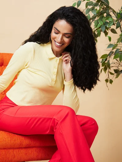 globus Women Yellow Ribbed Shirt Collar Fitted Top