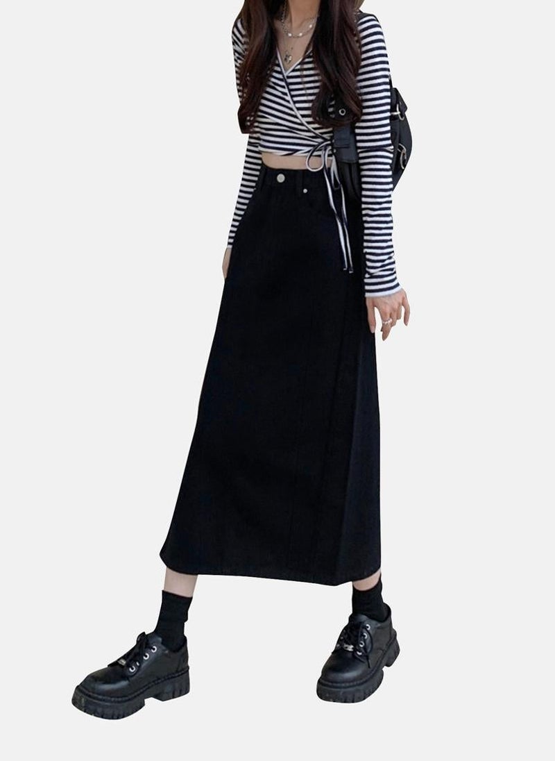 YUNIQEE Black Solid Denim Midi Skirt - Image 1