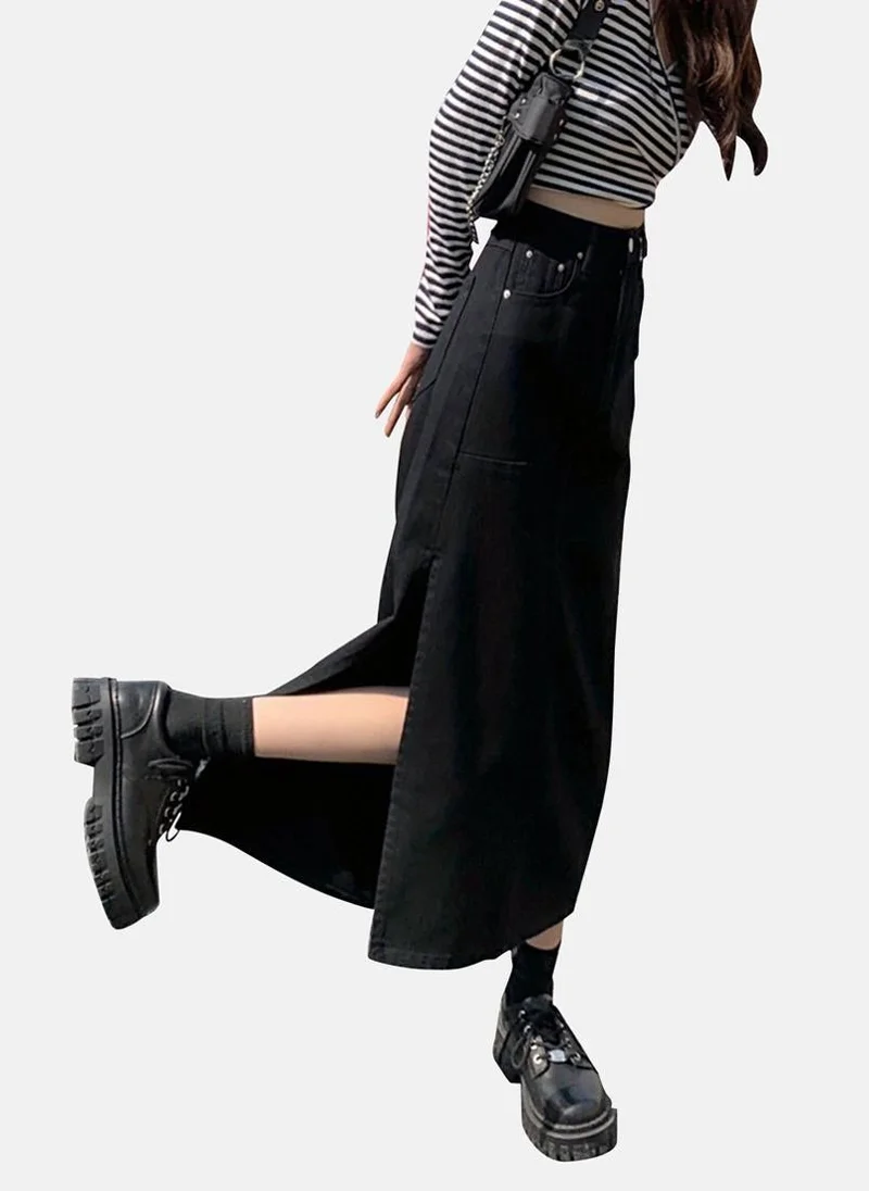 YUNIQEE Black Solid Denim Midi Skirt