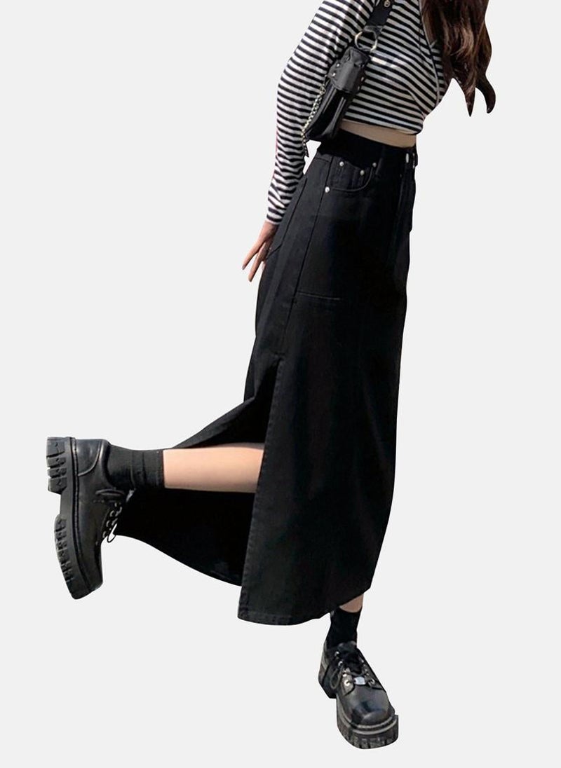 YUNIQEE Black Solid Denim Midi Skirt - Image 4