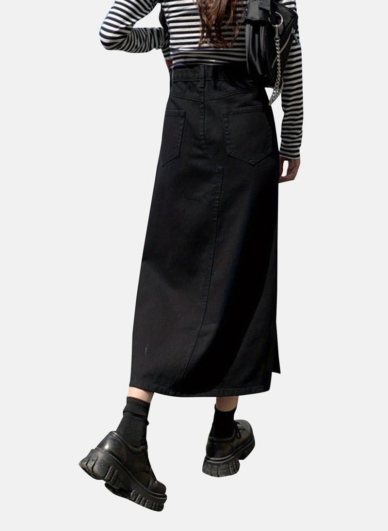 YUNIQEE Black Solid Denim Midi Skirt - Image 2