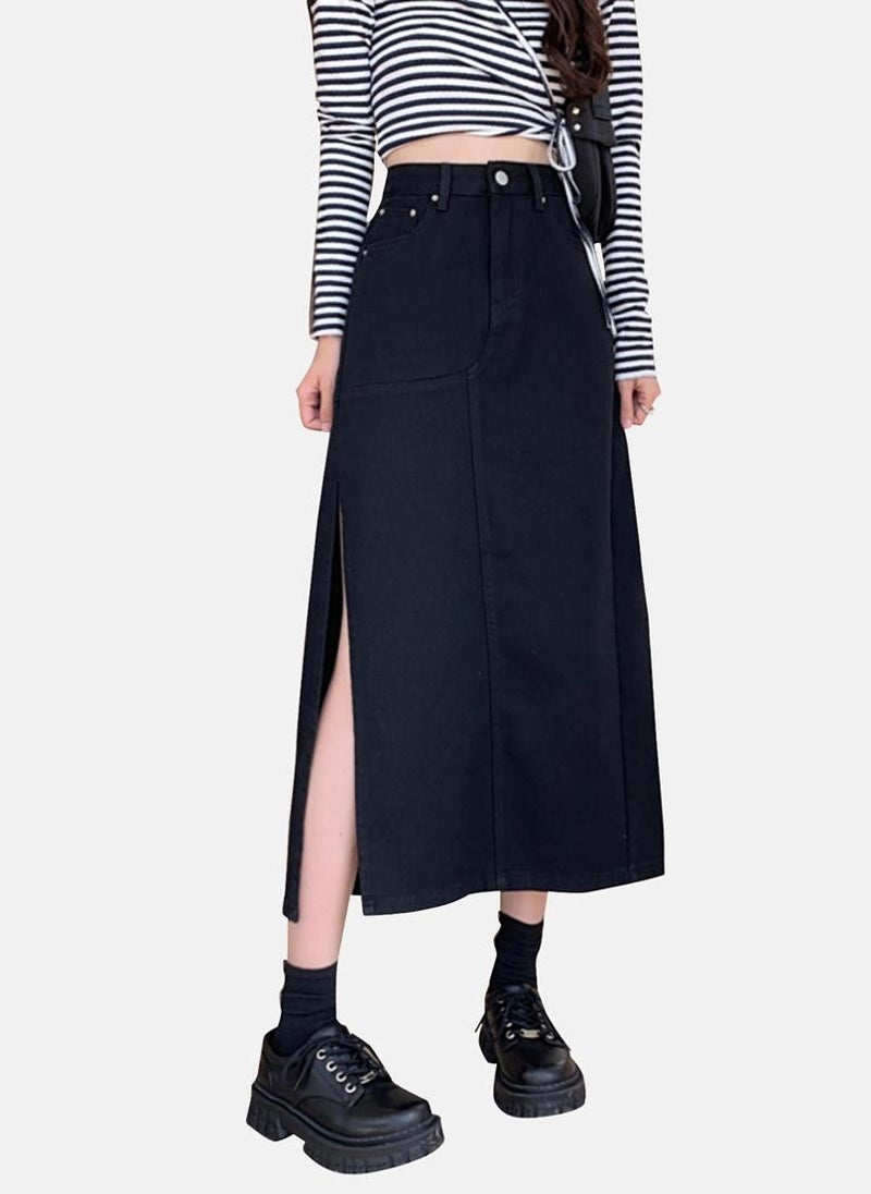 YUNIQEE Black Solid Denim Midi Skirt - Image 3