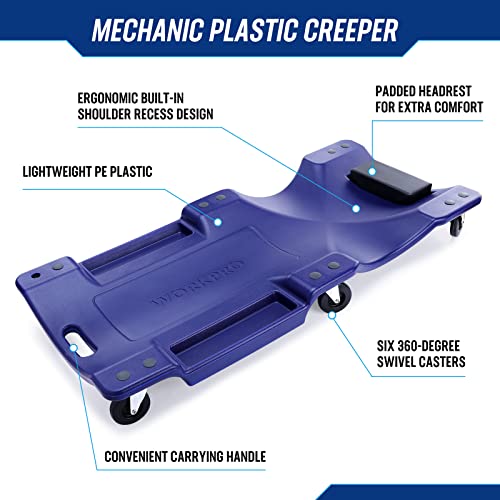 WORKPRO Mechanic Plastic Creeper, 40-Inch Automotive Creeper with Padded Headrest, 330 Lbs Capacity Rolling Garage Shop Creeper with 6 Caster Wheels, blue - Image 3