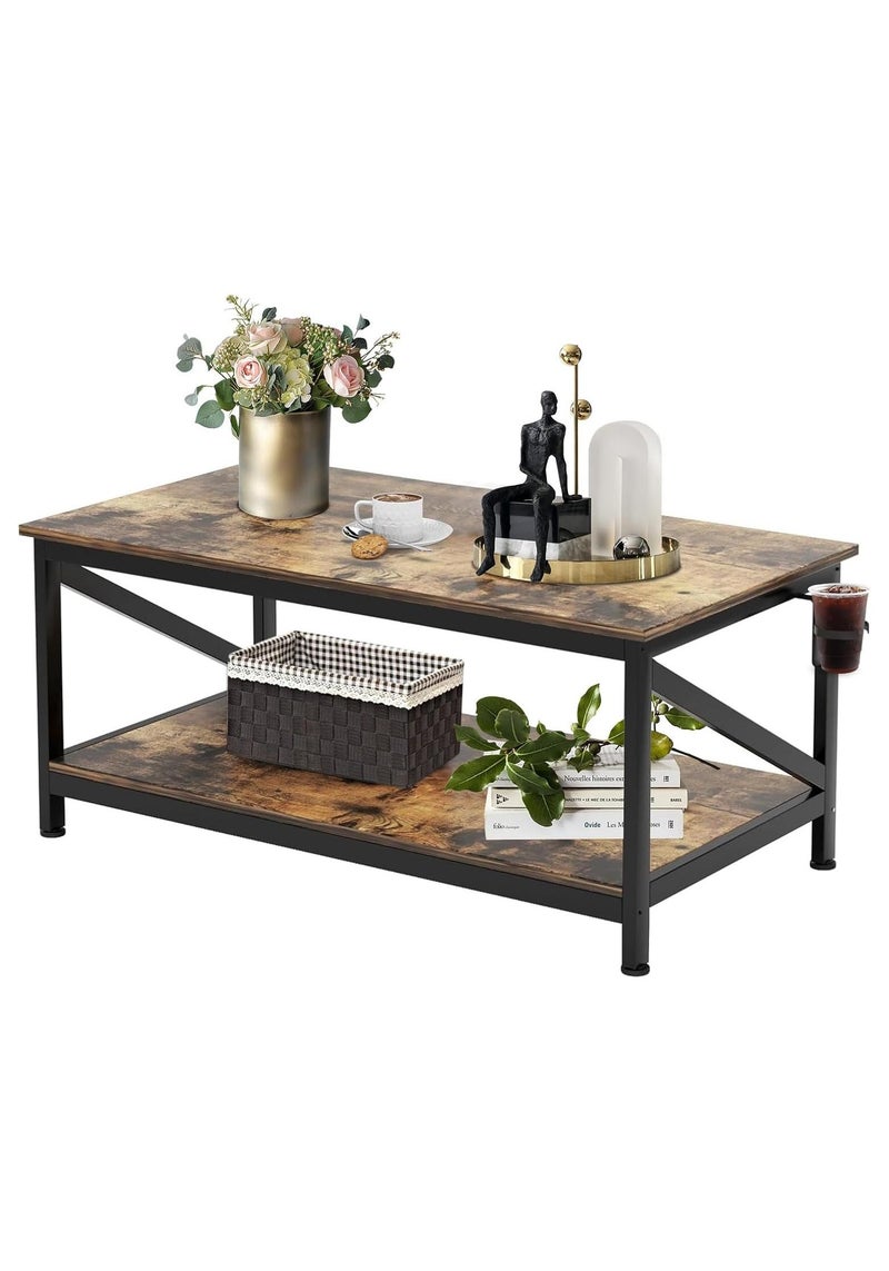 Chulovs Coffee Table with Storage Shelft and 2 Tier Storage Shelf, Wooden Furniture, Dining Table for Home Living Room, Office, Desktop with Storage Shelf Modern Design Home Furniture, 100x55cm - Image 1