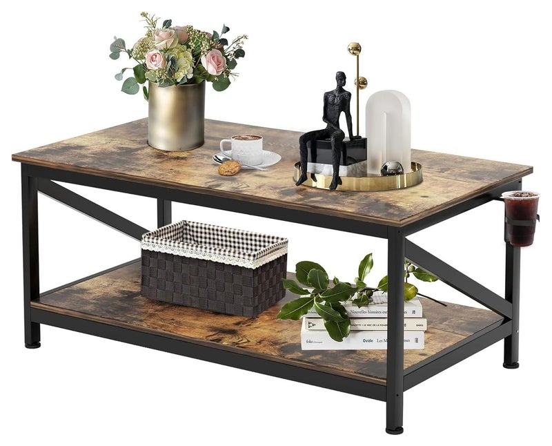 Chulovs Coffee Table with Storage Shelft and 2 Tier Storage Shelf, Wooden Furniture, Dining Table for Home Living Room, Office, Desktop with Storage Shelf Modern Design Home Furniture, 100x55cm - Image 1