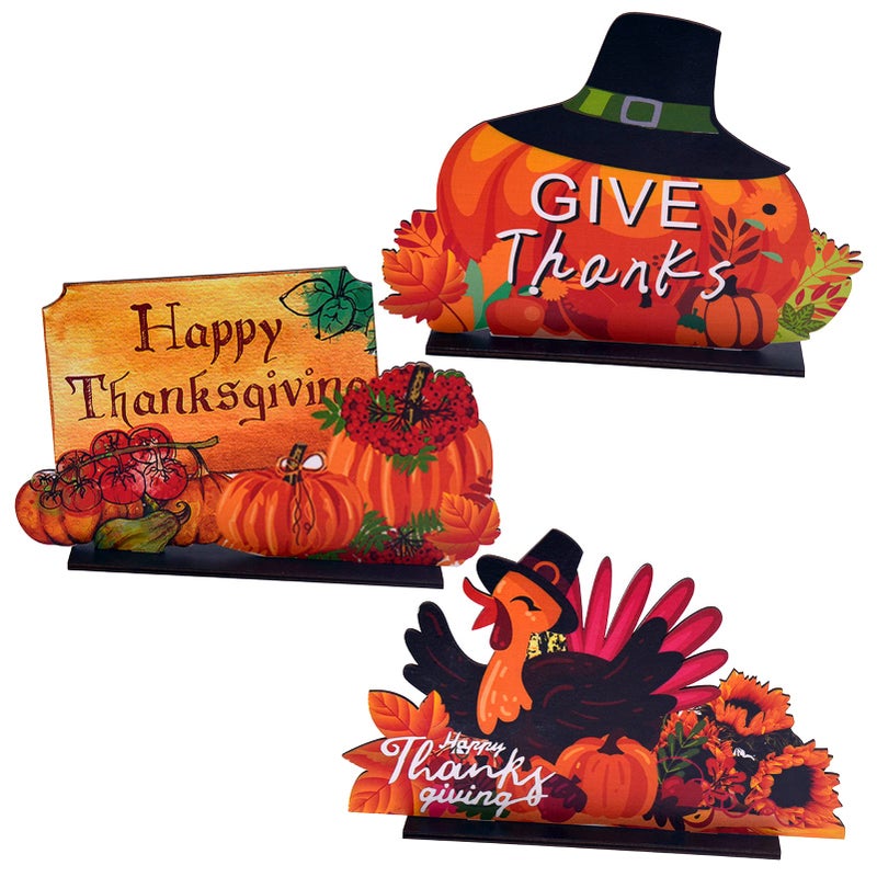 OperSeven 3 Pieces Thanksgiving Wooden Table Decorations Harvest Party Supplies TurkeyPumpkinHappy Thanksgiving Table Centerpieces Decorations