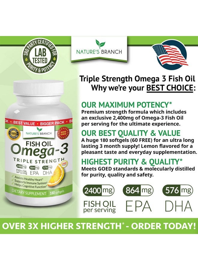 Nature's Branch Best Triple Strength Omega 3 Fish Oil Pills 180 Capsules 2400Mg High Potency Burpless Lemon Flavor 864Mg Epa 576Mg Dha Ultra Pure Liquid Softgels For Brain Joints Eyes Heart Health Supplement - Image 3