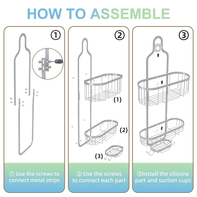 Supvox® Wall Shower Caddy No Drill Wall Toiletries Holder Double-Tier Metal Wire Shower Caddy with Hook Quick Dry Multifunctional Bathroom Organizer Baskets - Image 3