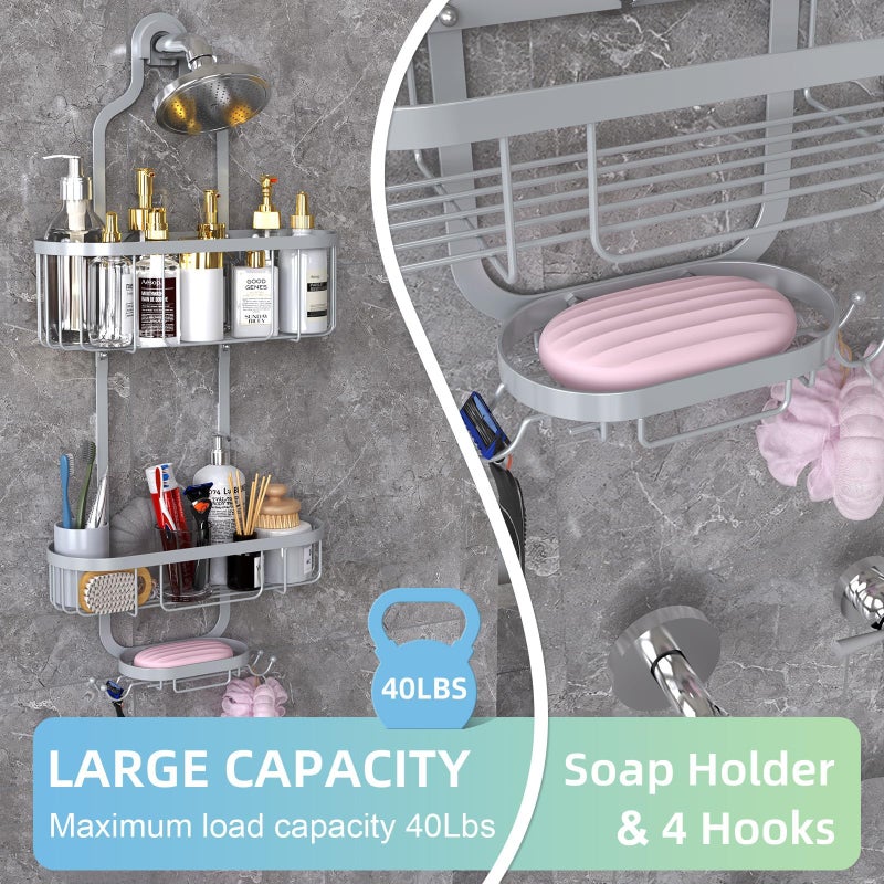 Supvox® Wall Shower Caddy No Drill Wall Toiletries Holder Double-Tier Metal Wire Shower Caddy with Hook Quick Dry Multifunctional Bathroom Organizer Baskets - Image 5