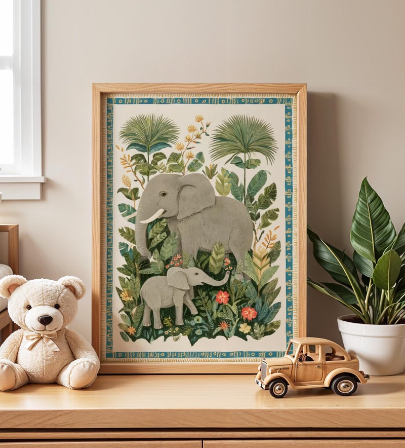 TNESSENTIAL Elephant Family Nursery Art Print, Jungle Floral Illustration - Image 1