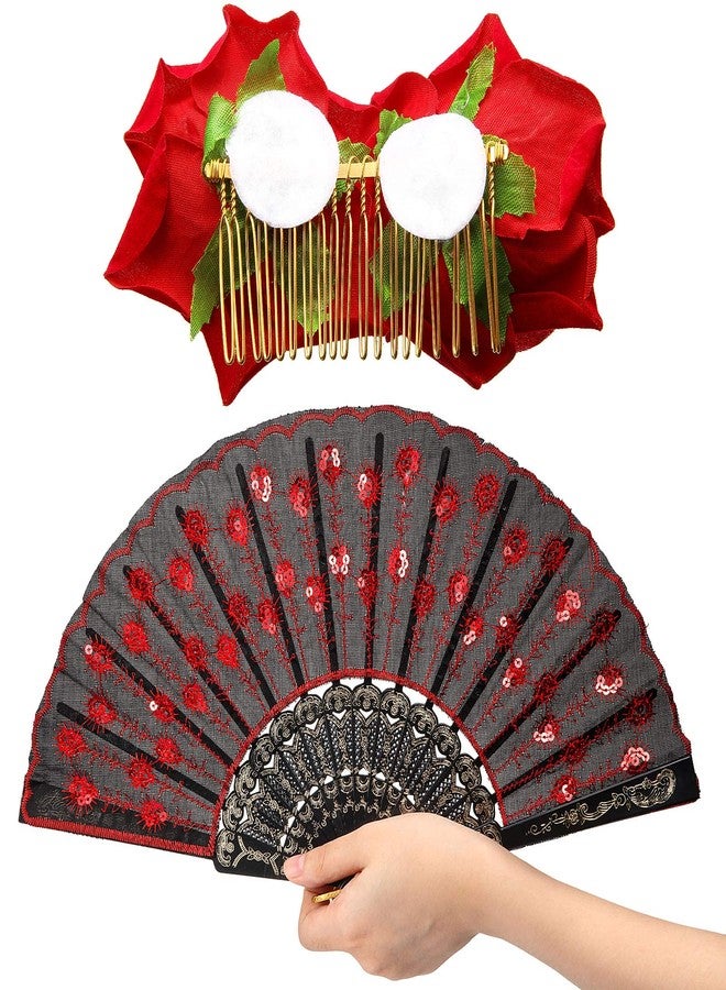 Patelai 2 Pieces Women Rose Flower Hair Clip and Embroidered Sequins Fabric Handheld Folding Fan Hair Accessories for Flamenco Dancer Costume Accessories Girl Halloween Cosplay Party (Red) - Image 4