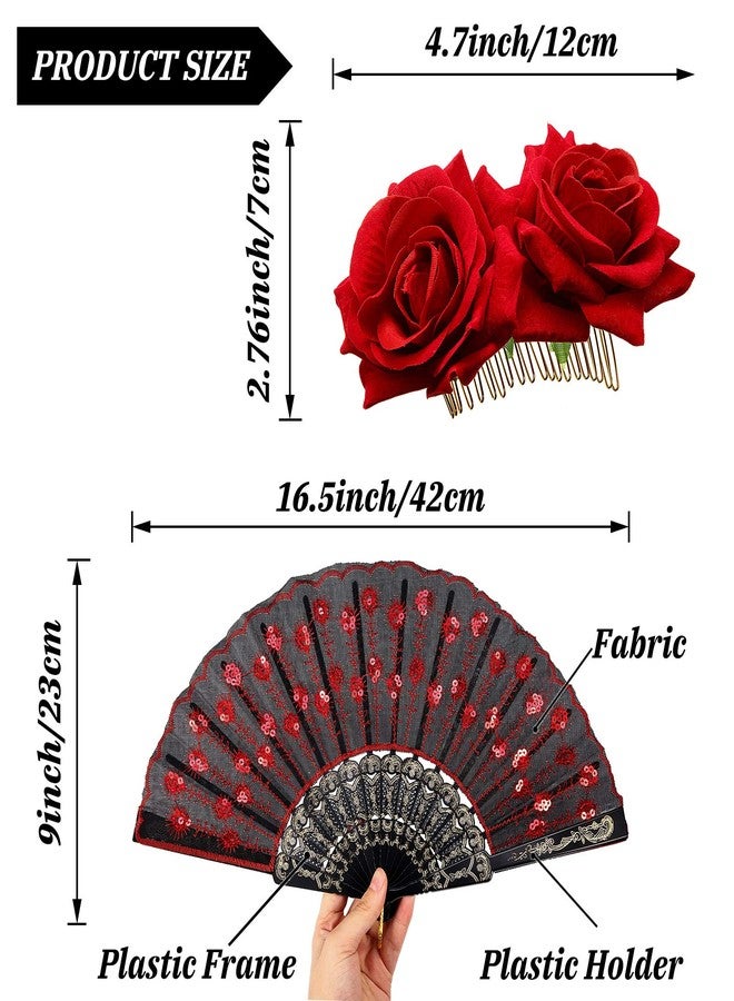 Patelai 2 Pieces Women Rose Flower Hair Clip and Embroidered Sequins Fabric Handheld Folding Fan Hair Accessories for Flamenco Dancer Costume Accessories Girl Halloween Cosplay Party (Red) - Image 2