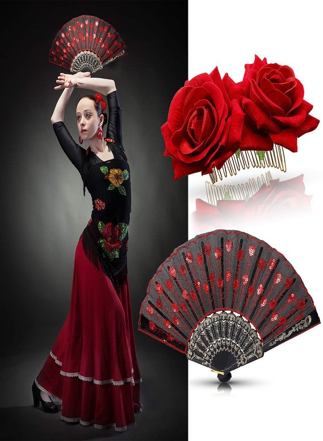Patelai 2 Pieces Women Rose Flower Hair Clip and Embroidered Sequins Fabric Handheld Folding Fan Hair Accessories for Flamenco Dancer Costume Accessories Girl Halloween Cosplay Party (Red) - Image 5