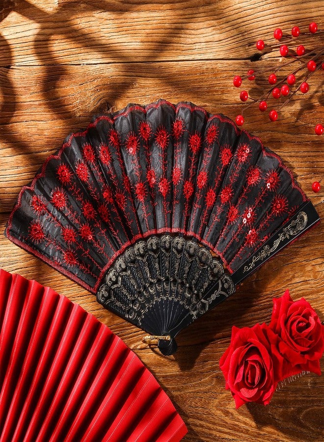 Patelai 2 Pieces Women Rose Flower Hair Clip and Embroidered Sequins Fabric Handheld Folding Fan Hair Accessories for Flamenco Dancer Costume Accessories Girl Halloween Cosplay Party (Red) - Image 3