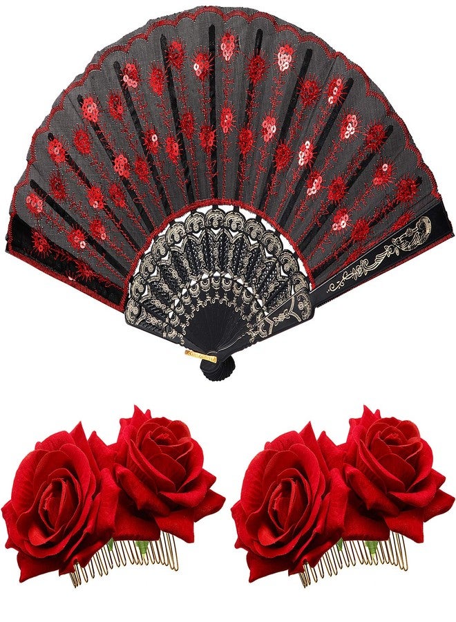 Patelai 2 Pieces Women Rose Flower Hair Clip and Embroidered Sequins Fabric Handheld Folding Fan Hair Accessories for Flamenco Dancer Costume Accessories Girl Halloween Cosplay Party (Red) - Image 1