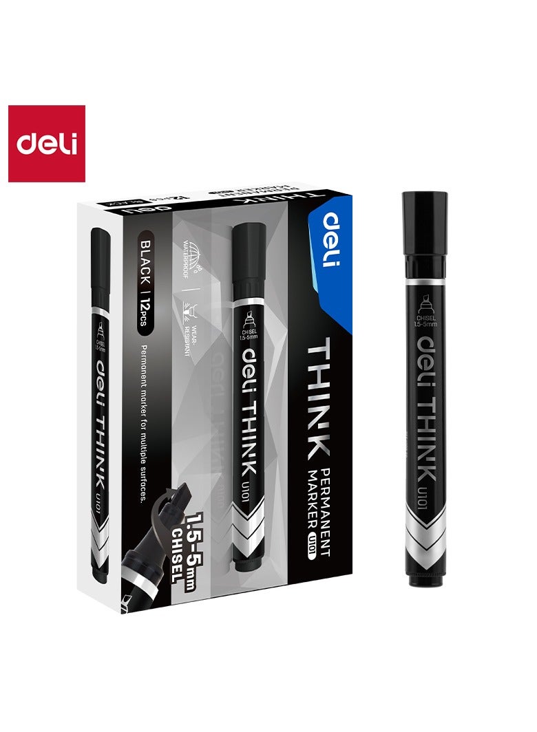 Deli EU10120 Permanent Marker, Chisel Tip 1.5-5mm, Black Ink, 12pcs/Box 鈥?Ideal for Office, School, Warehouse, Industrial Use - Image 1
