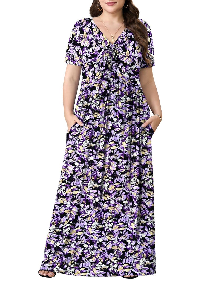 PEVRL Plus Size Maxi Dresses for Women Summer Casual Short Sleeve Long Dress with Pockets Rich Purple Leaves 3X - Image 5