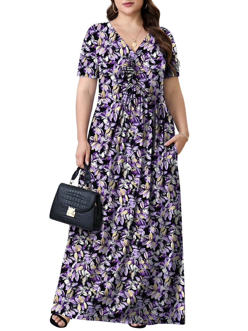 PEVRL Plus Size Maxi Dresses for Women Summer Casual Short Sleeve Long Dress with Pockets Rich Purple Leaves 3X - Image 2