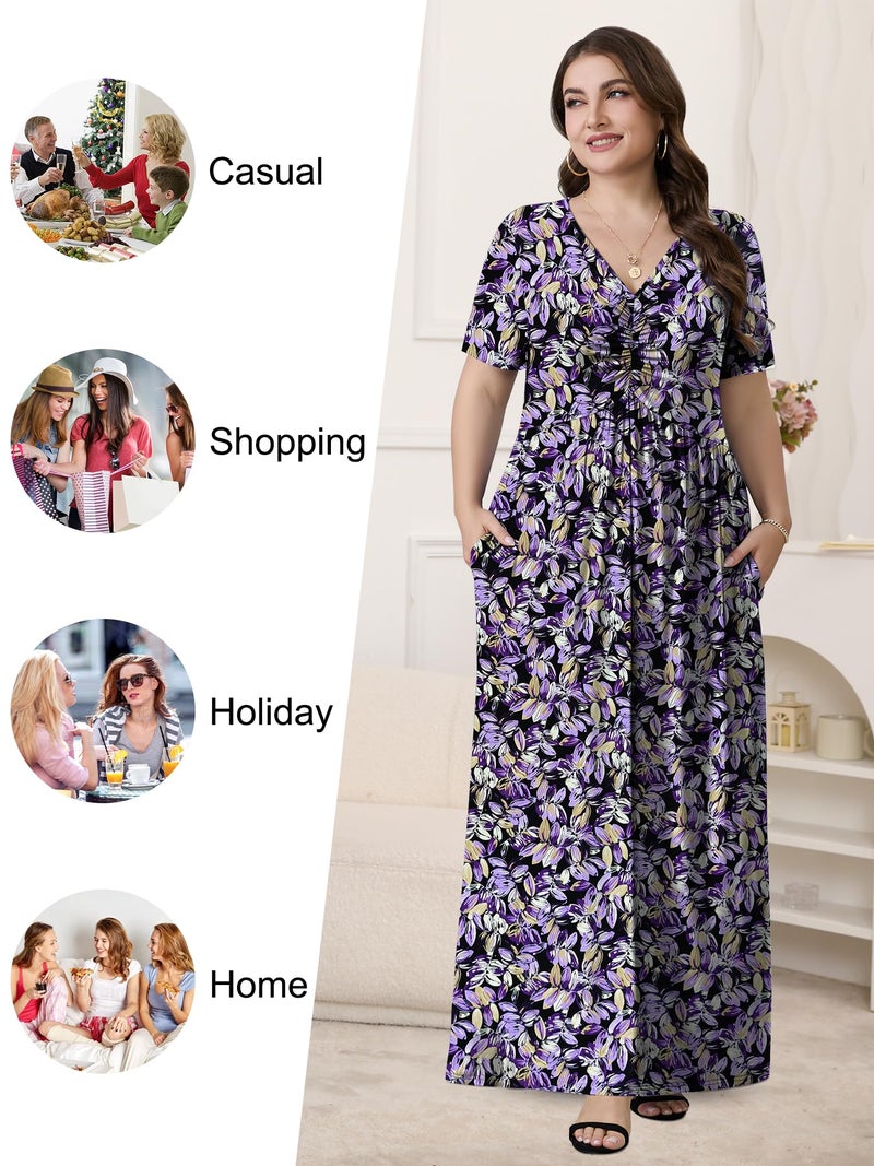 PEVRL Plus Size Maxi Dresses for Women Summer Casual Short Sleeve Long Dress with Pockets Rich Purple Leaves 3X - Image 4