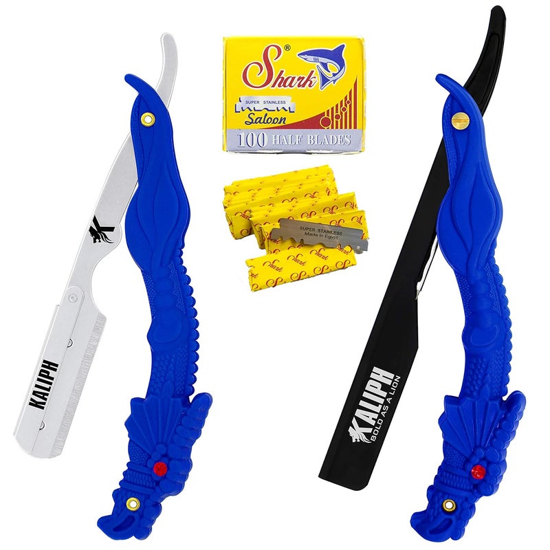 Kaliph Professional Barber Straight Razor  Premium Pack of 2 Straight Edge Razor with 100 Shaving Blades  Mens Manual Navajas Para Barbero Shaver Shavette Knife for Smooth Close Shaving BLUE