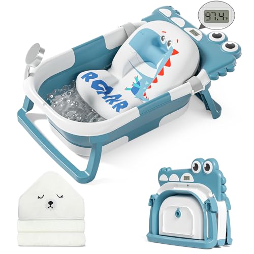 MoreFeel Collapsible Baby Bathtub for Newborn with Thermometer 1 Hooded Towel 1 Soft Floating CushionPortable Travel Bathtub with Drain Hole Durable Foldable Baby Tubs for Infants to Toddler