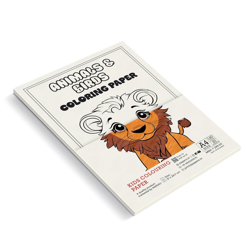 PAPERO Kids Colouring Paper | A4 Size (21 x 29.7 cm) | 140 GSM | 20 Animals & Birds-Themed Sheets | Perfect for Kids Sketching & Art Projects - Image 1