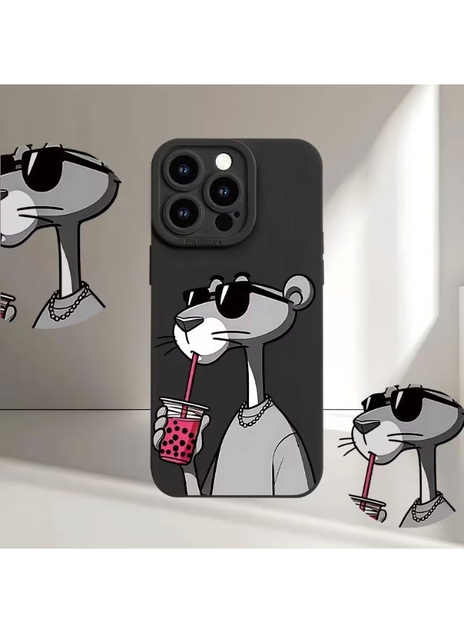 تيمو جراب ايفون يتميز بتصميم نمر ابيض واسود  وبيده كوب وردي إبداعي مع طباعة UV، وتوفر حماية كاملة 360 درجة. مناسب لأيفون 14 بروماكس - Image 2