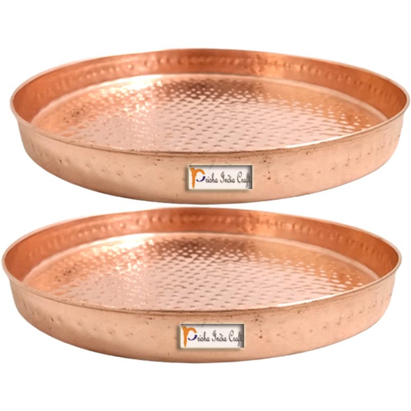 Prisha India Craft Pure Copper Hammered Dinner Set Thali Plate, Serveware & Dinnerware | Diameter 10.5" Inch - Set of 2 - Image 1