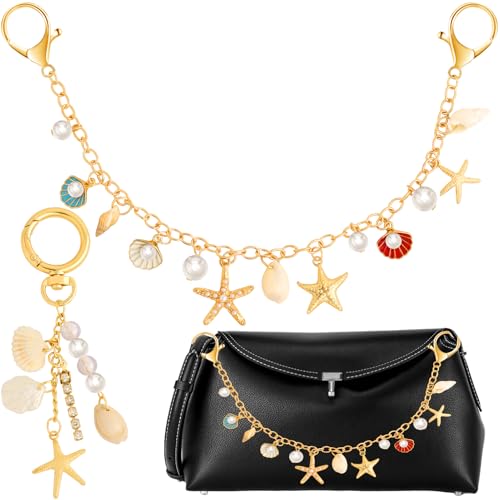 PLwelth Seashell Bag Charms for Handbags Starfish Keychain for Women Golden Bag Chains Purse Charm Bags Short Handle Replacement for Tote Crossbody Shoulder Bags Metal Purse Extender Chain Accessories - Image 1