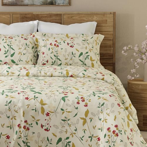 Layers Emaline 100% Cotton Double Bedsheet Set (Oeko Tex Certified) | 1 Double Cotton Bedsheet & 2 Pillow Covers | Breathable & Anti-Wrinkle | 144 TC | (Floral Print, Beige) - Image 5