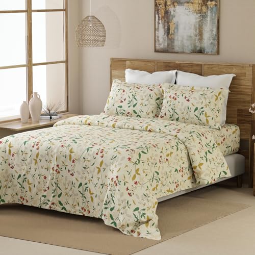 Layers Emaline 100% Cotton Double Bedsheet Set (Oeko Tex Certified) | 1 Double Cotton Bedsheet & 2 Pillow Covers | Breathable & Anti-Wrinkle | 144 TC | (Floral Print, Beige) - Image 2