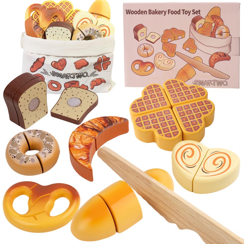 Smartwo Wooden Play Food Toys for ToddlerKids Baking Cutting Game SetChildren Kitchen Bakery Pretend PlayEarly Educational Toy Gift for Boys Girls - Image 3